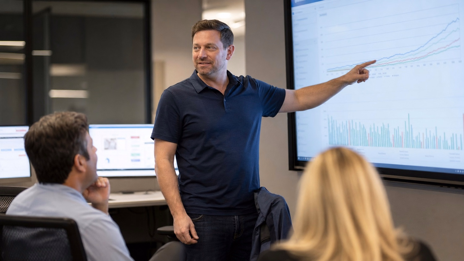 IT professional points to graph on presentation screen