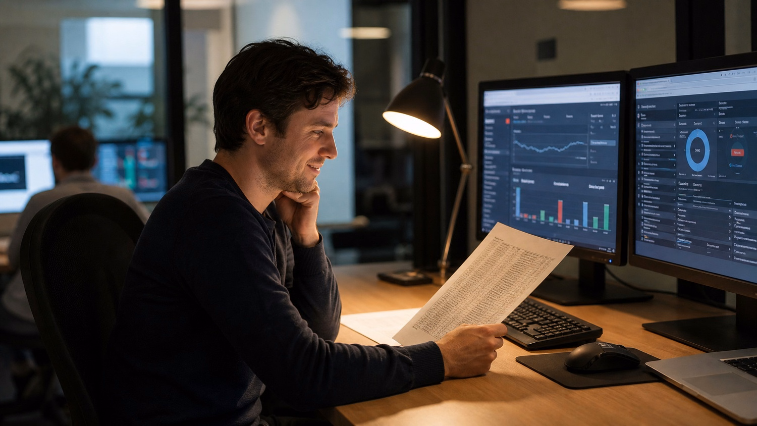 Man reviews network logs at desk, lamp light 48
