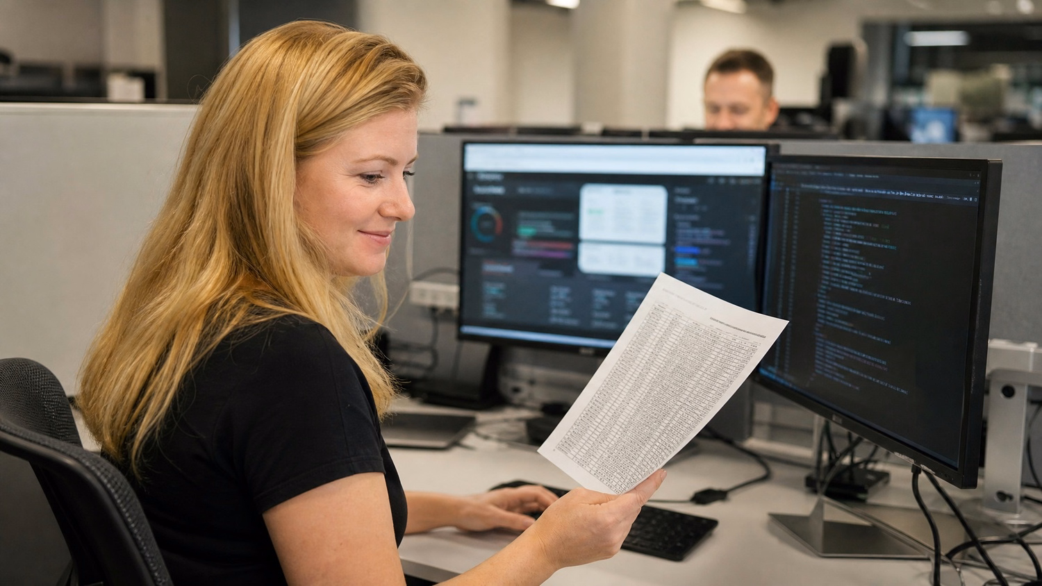 Blonde woman compares backup logs printout to code 60 chars