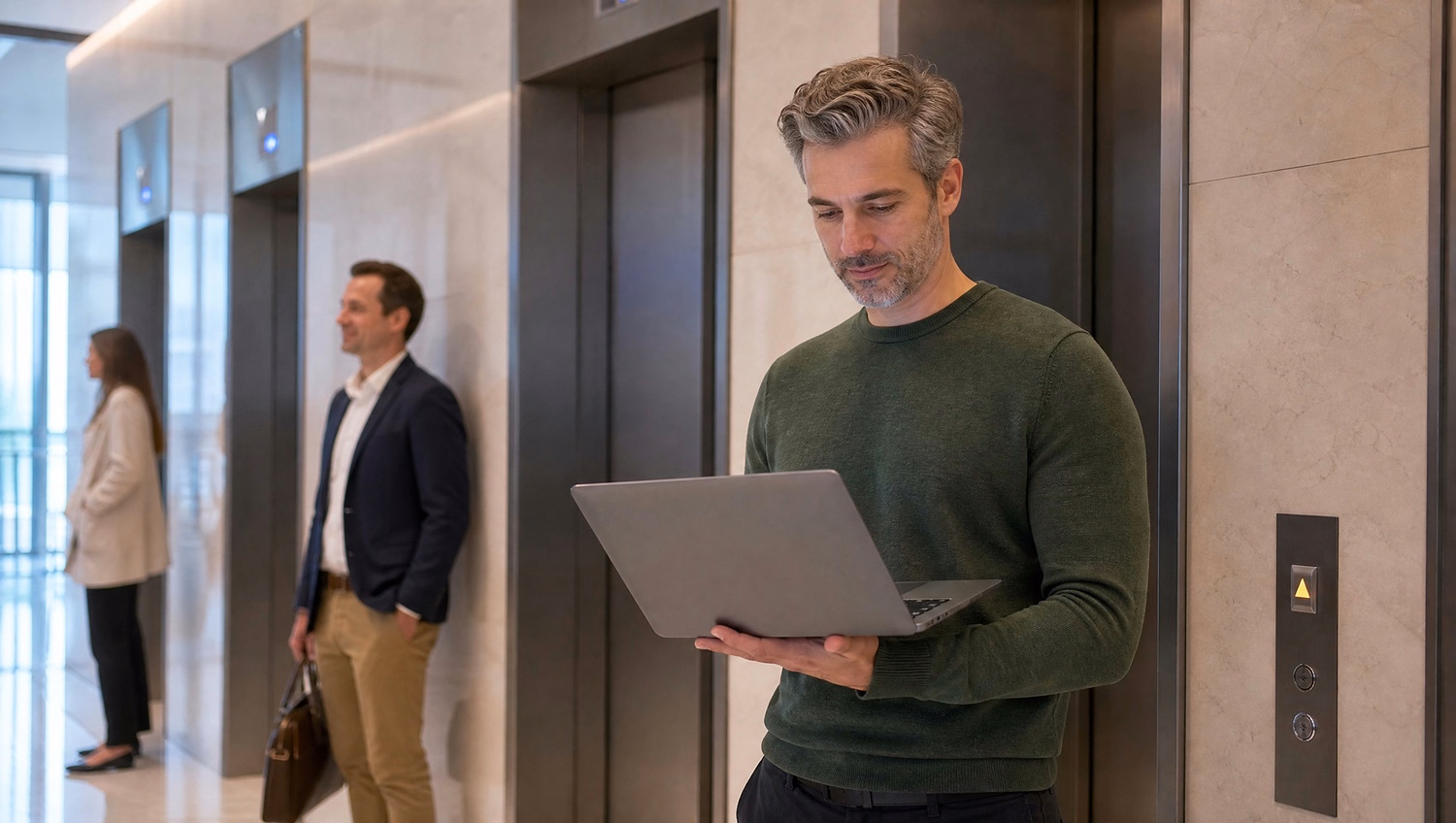 Man with laptop waits in bright elevator lobby