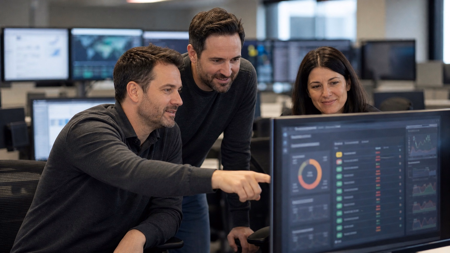 IT team analyzing system vulnerability on monitor 60 chars