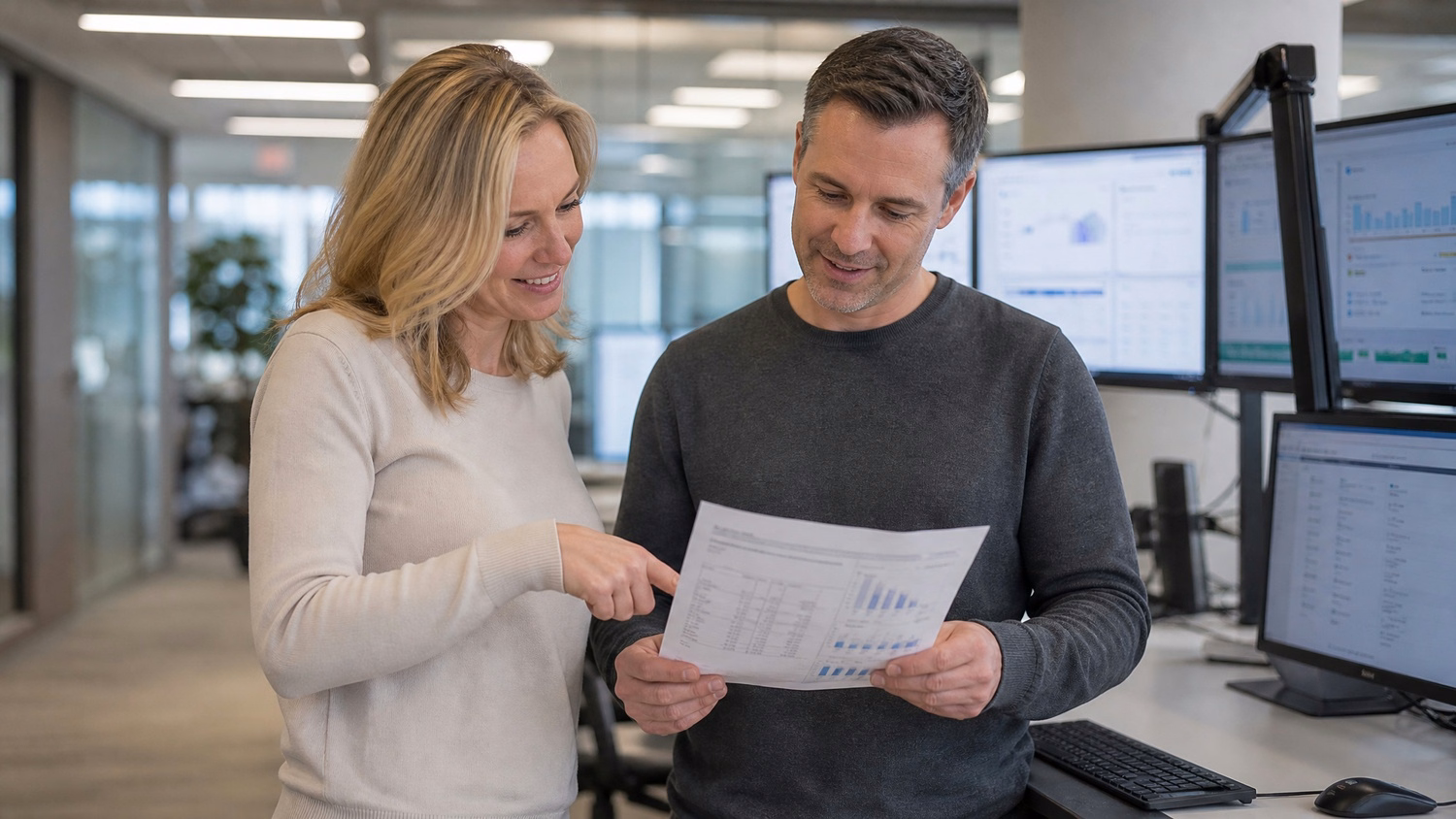 Two business colleagues review call log document at workstation
