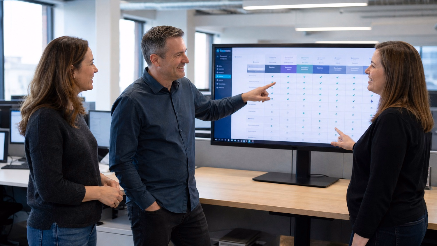 VoIP system discussion, open office, people gesturing 57