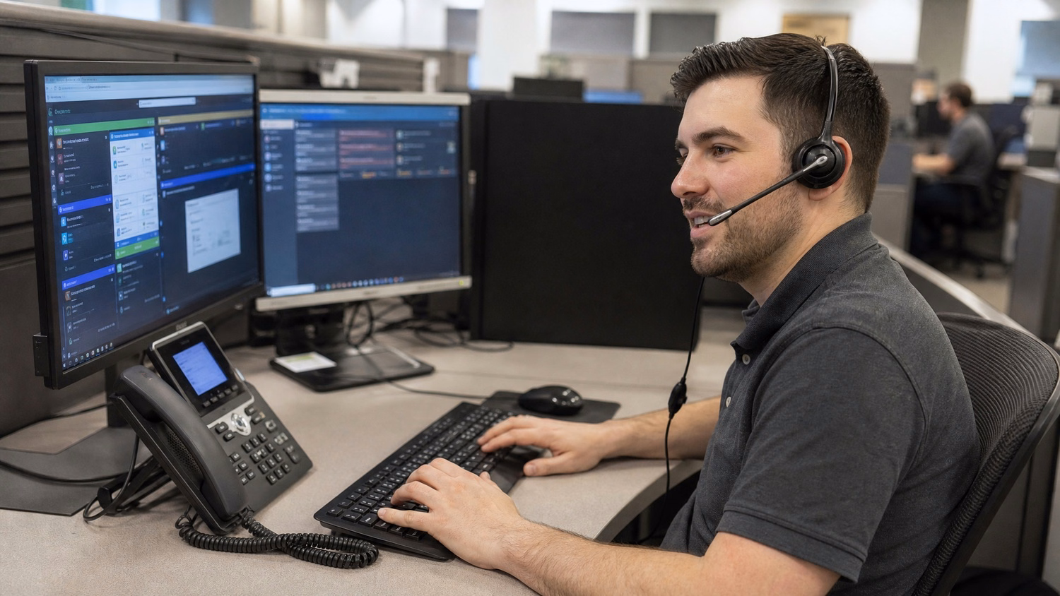 Office worker talks on VoIP phone headset in cubicle 64 chars