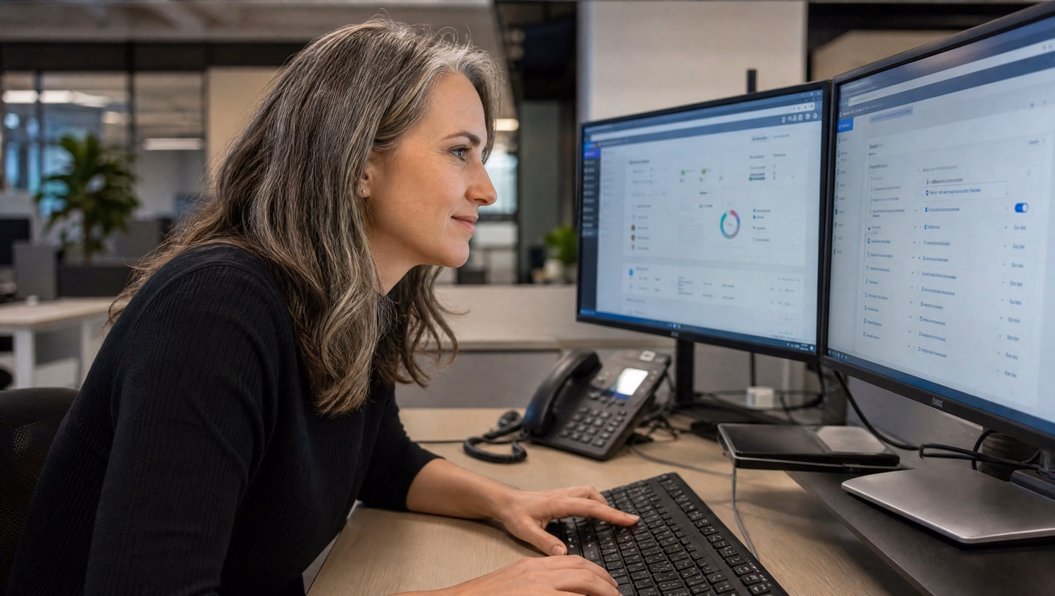 Woman reviews call forwarding rules on monitor