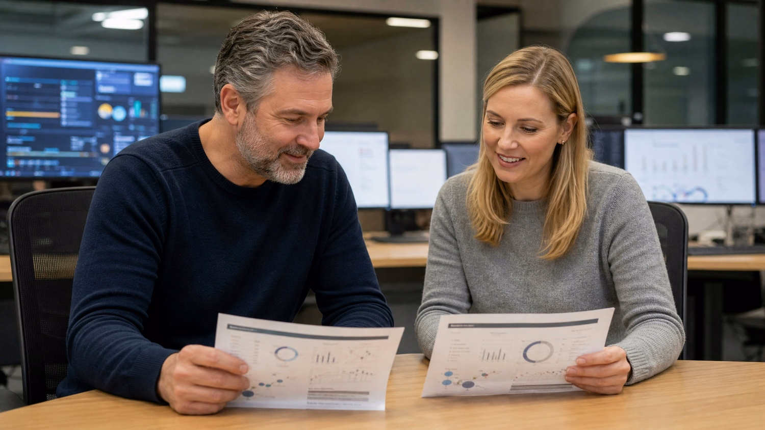Two IT pros review cybersecurity reports side-by-side