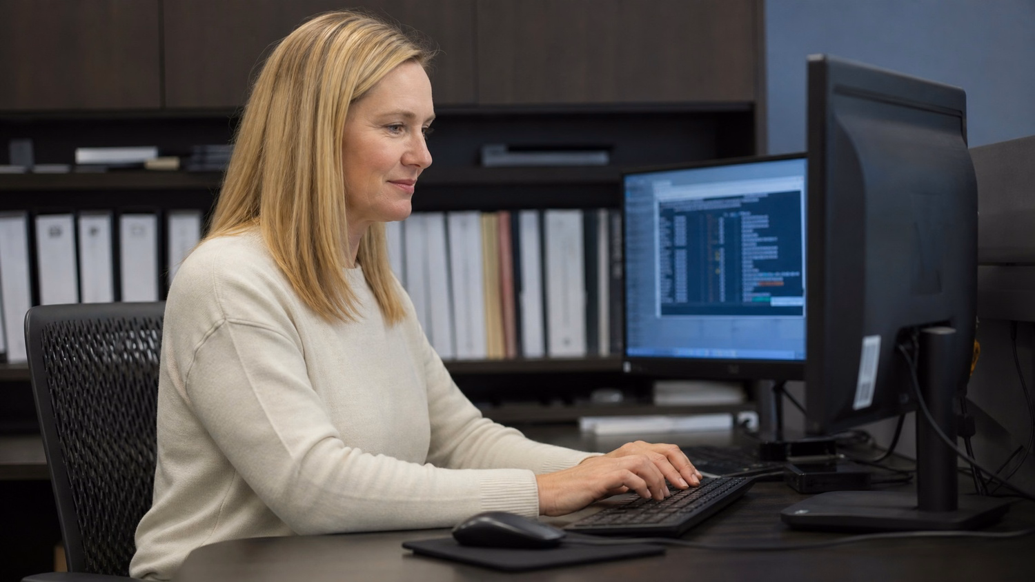 Woman programmer types commands at desk beside binders 65 chars
