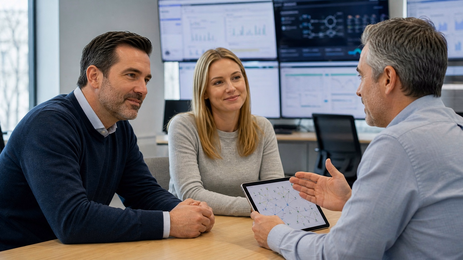 Business meeting, IT support discussion, man gesturing