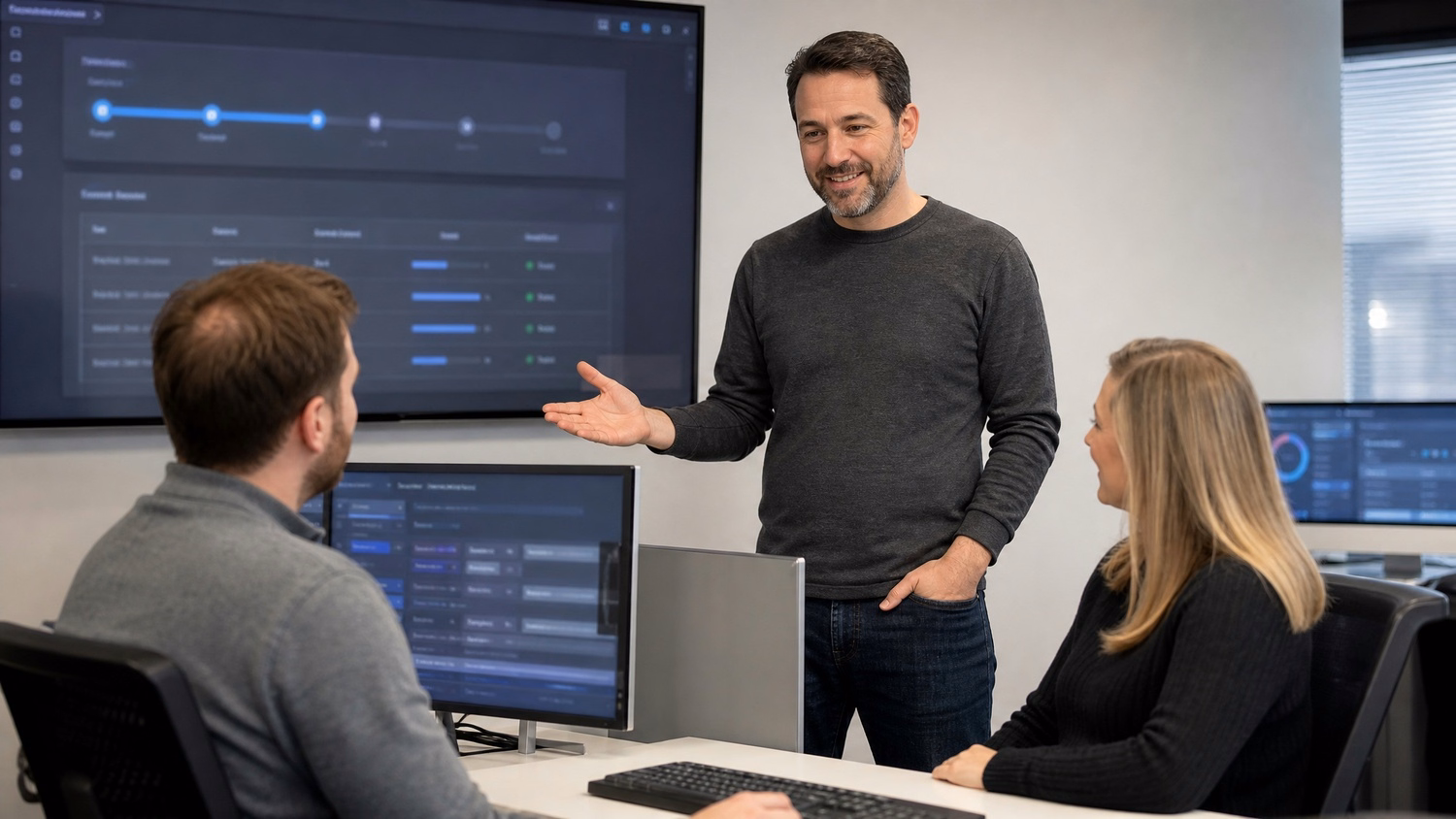 IT professional presents system updates to colleagues seated