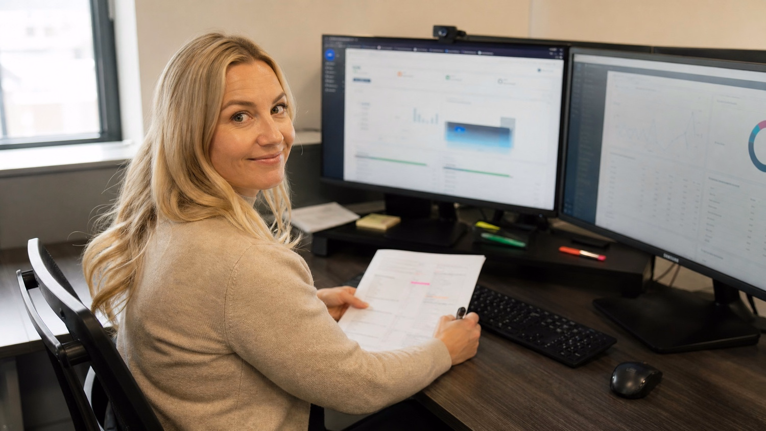 Woman reviews document at dual monitor desk, taking notes