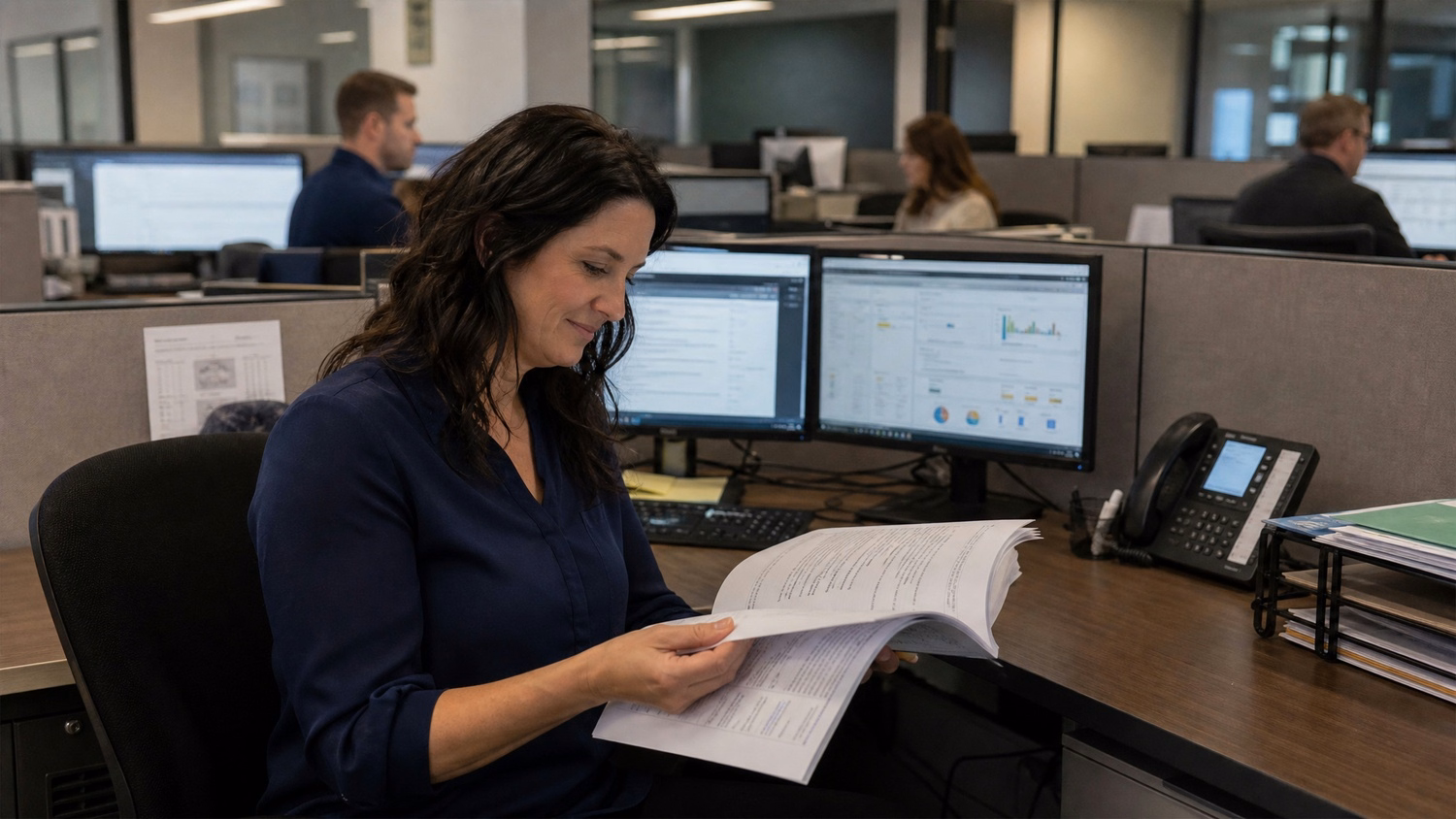 Woman reviews thick manual in corner office cubicle