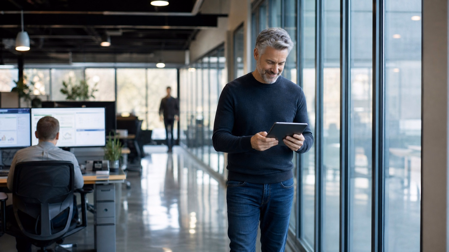 Man with tablet on glass walkway, side-lit reflections