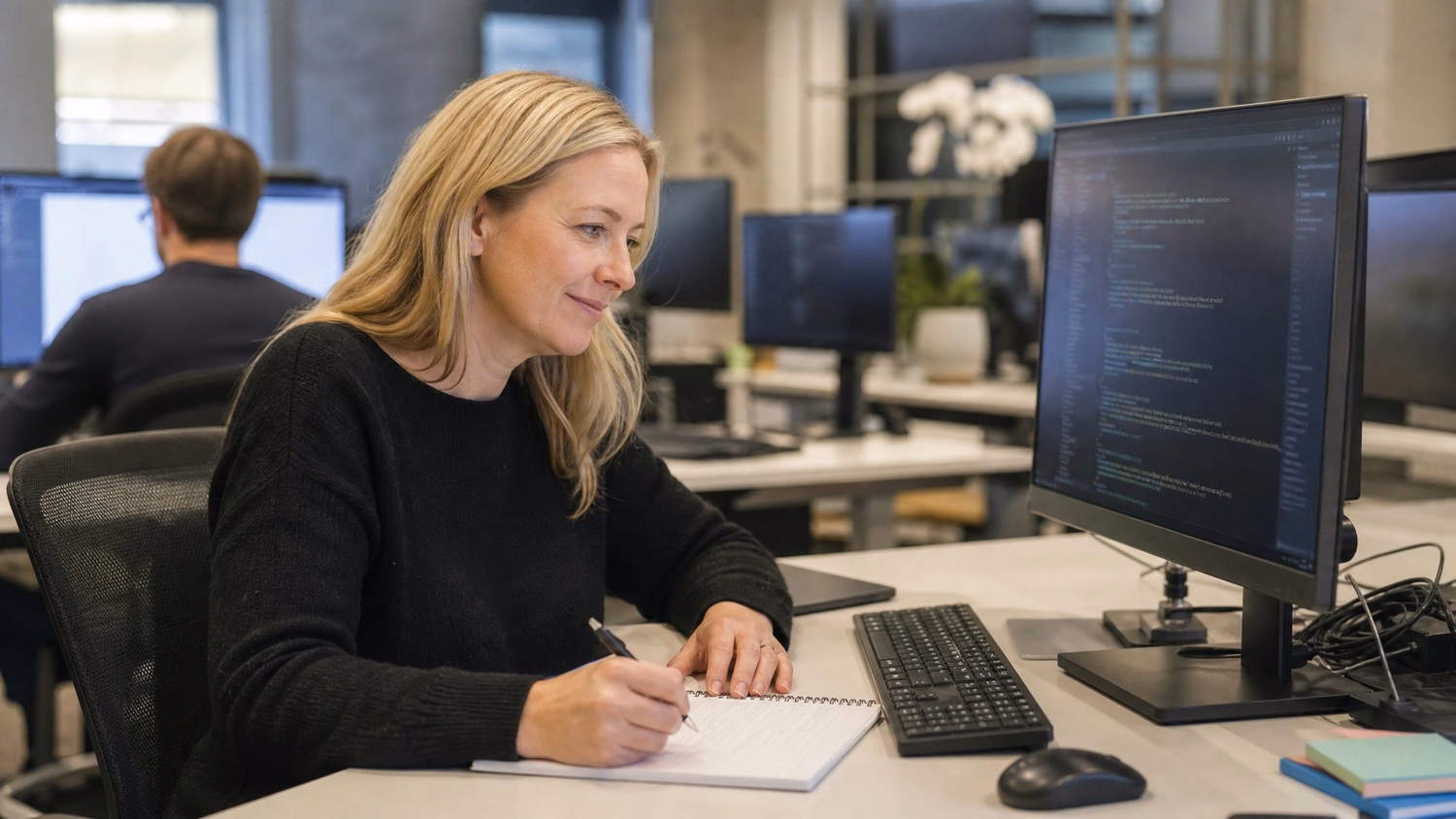 Woman taking notes from computer screen at desk