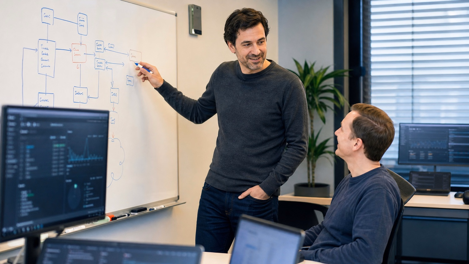 Man enthusiastically explains automated workflow at whiteboard 63