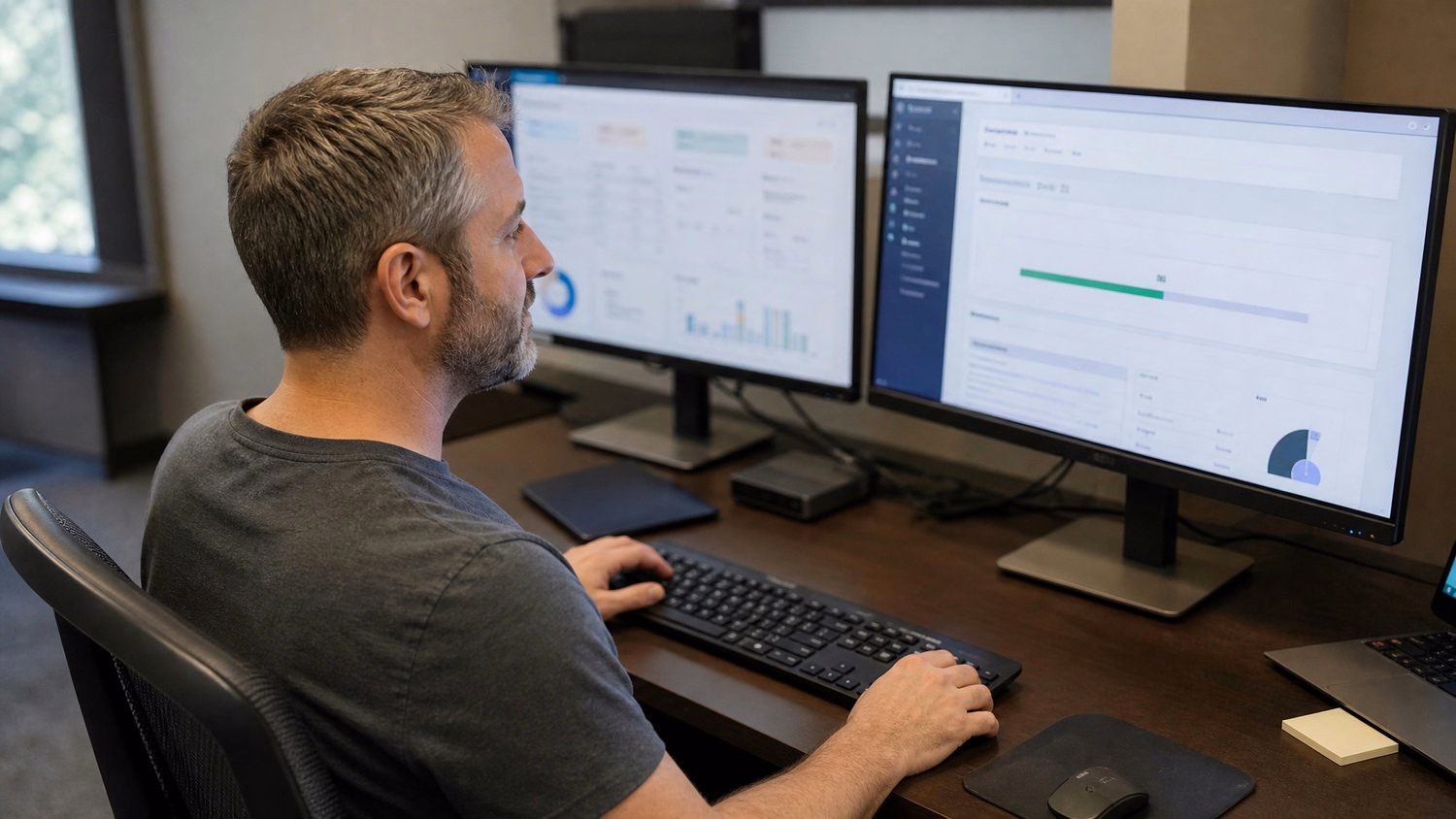Man at dual monitors, status bar filling, workflow automation 74
