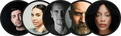 Circular portraits of five diverse individuals, including men and women with varied skin tones and hairstyles, against a black background.