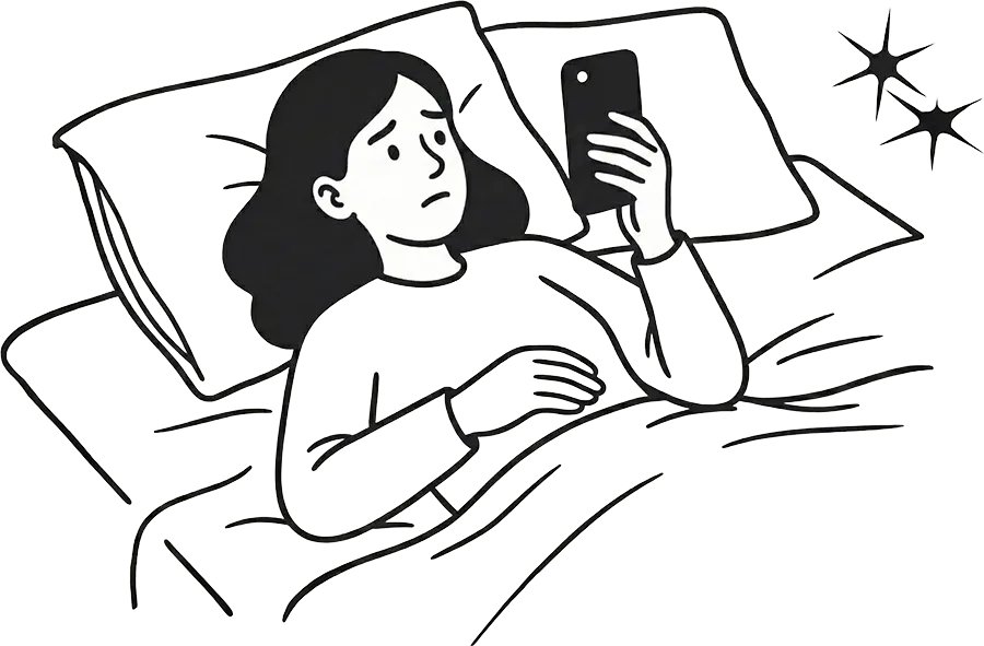 Black and white illustration of a worried woman lying in bed looking at her phone.