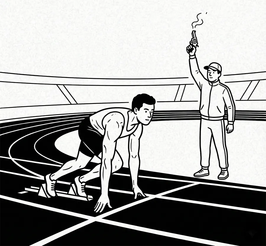 Runner in starting blocks on a track with an official firing a starting pistol.