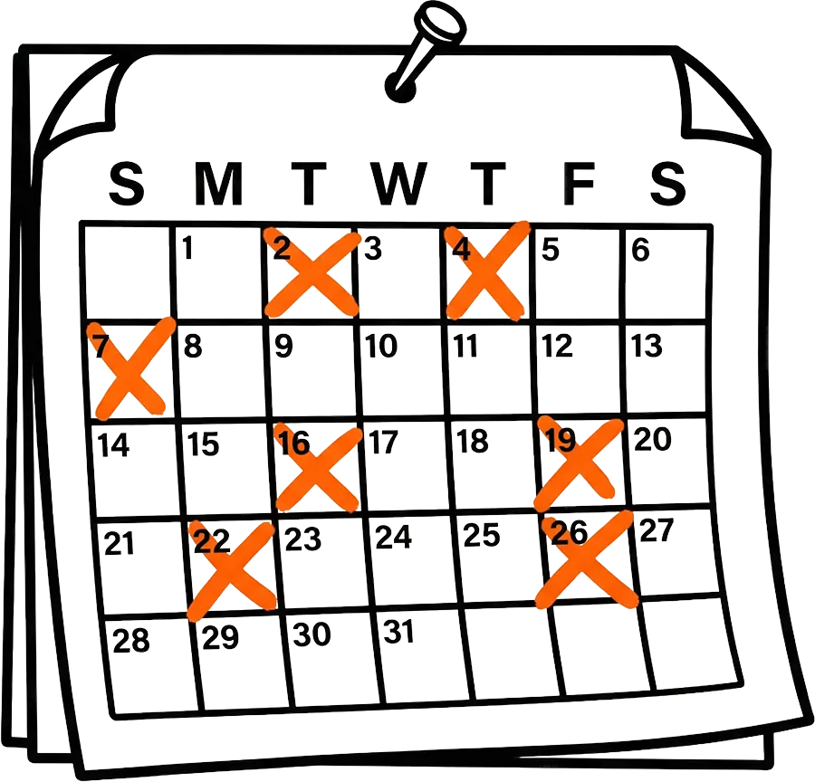 Illustration of a calendar page with orange X marks on the dates 2, 4, 7, 16, 19, 22, and 26.