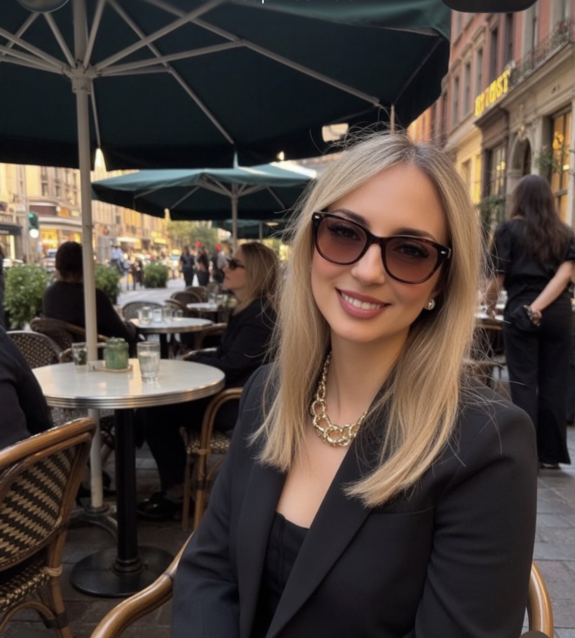Person smiling at an outdoor cafe table