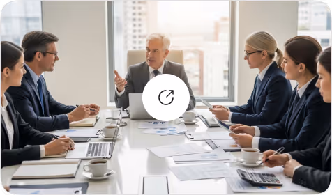 A business meeting in a bright conference room with a large table. Six professionals in formal attire engage in discussion, with laptops, documents, and coffee cups on the table.