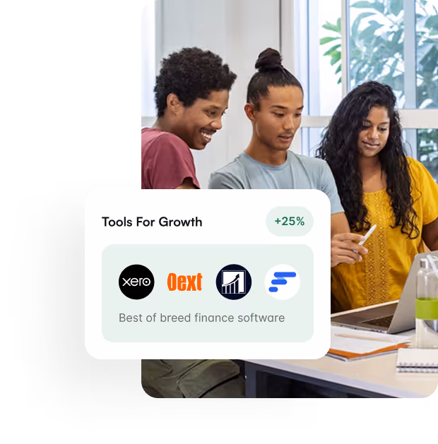 Three individuals collaborating at a desk with a laptop open in front of them. Text overlay reads 'Tools For Growth' with logos of Xero, Oext, and a financial graph, indicating software for finance.