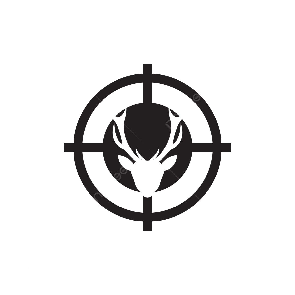Deer head silhouette inside a sniper crosshair target symbol.