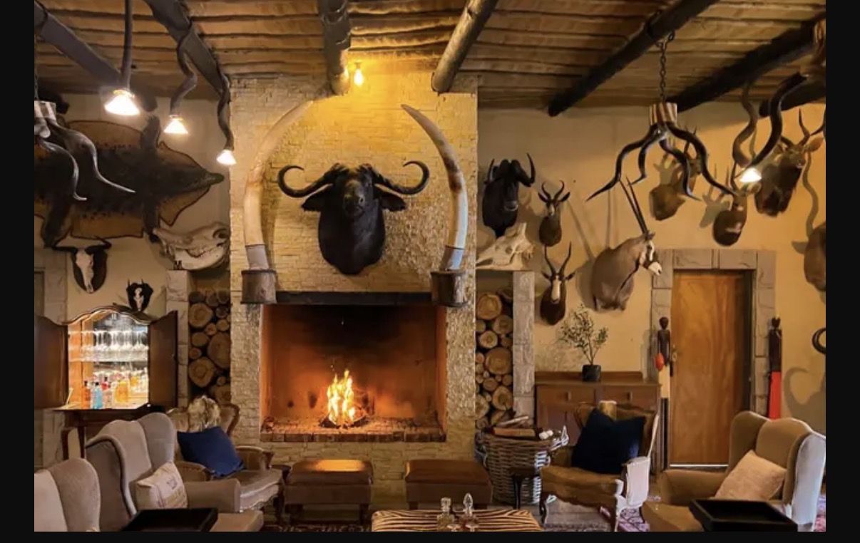 Cozy room with a stone fireplace, animal head mounts, wooden beams, and comfortable seating.