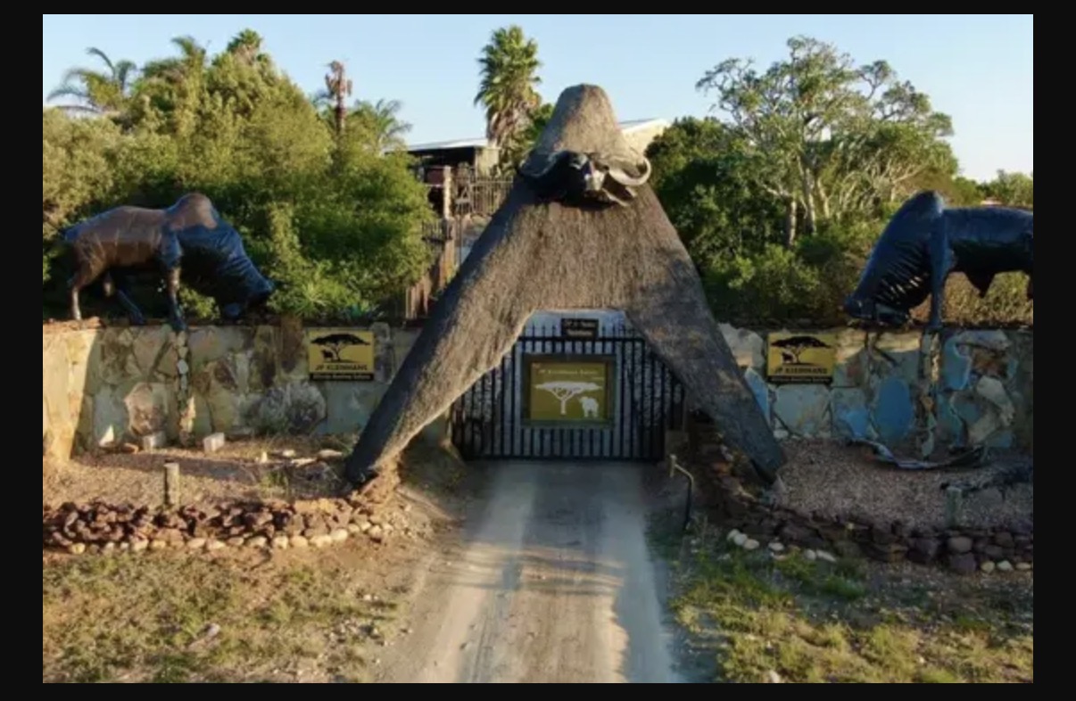Entrance gate with a large A-shaped thatched structure and buffalo sculptures on stone walls.