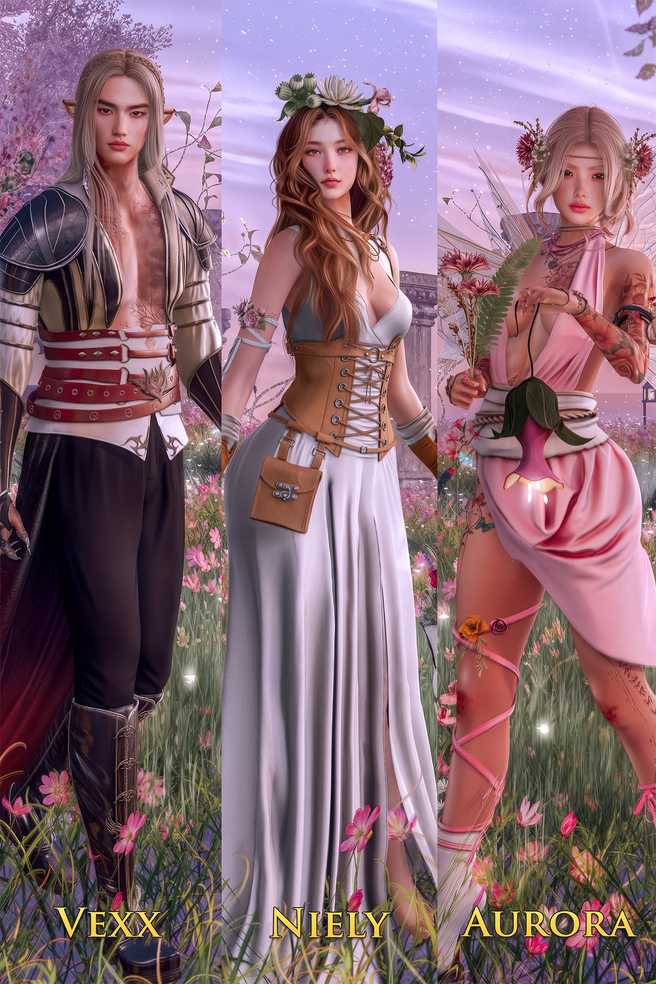 Three fantasy characters named Vexx, Niely, and Aurora standing in a flower field with a purple sky backdrop; Vexx is an elf-like male with long hair and armor, Niely is a woman with a flower crown and corset dress, and Aurora is a fairy with wings and floral attire.