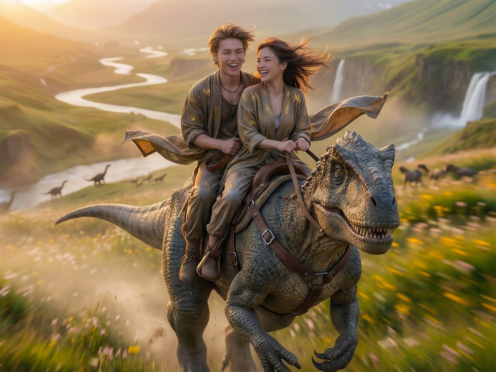 A couple riding a dinosaur through a prehistoric valley in The Clay of Time