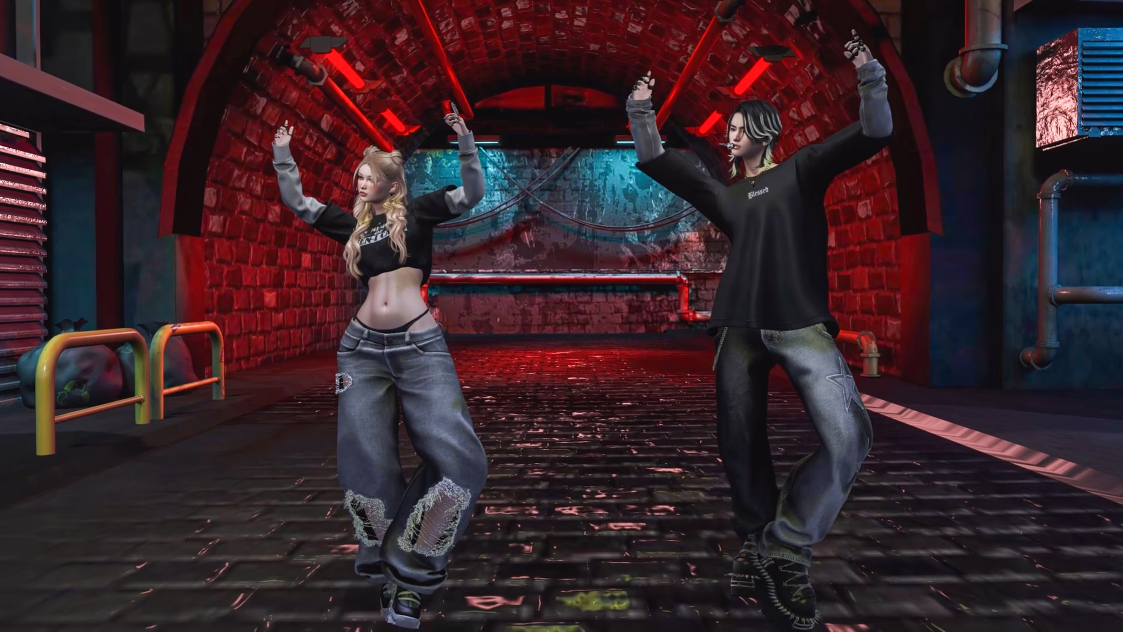 Vexx and Niely performing a synchronized dance inside Second Life