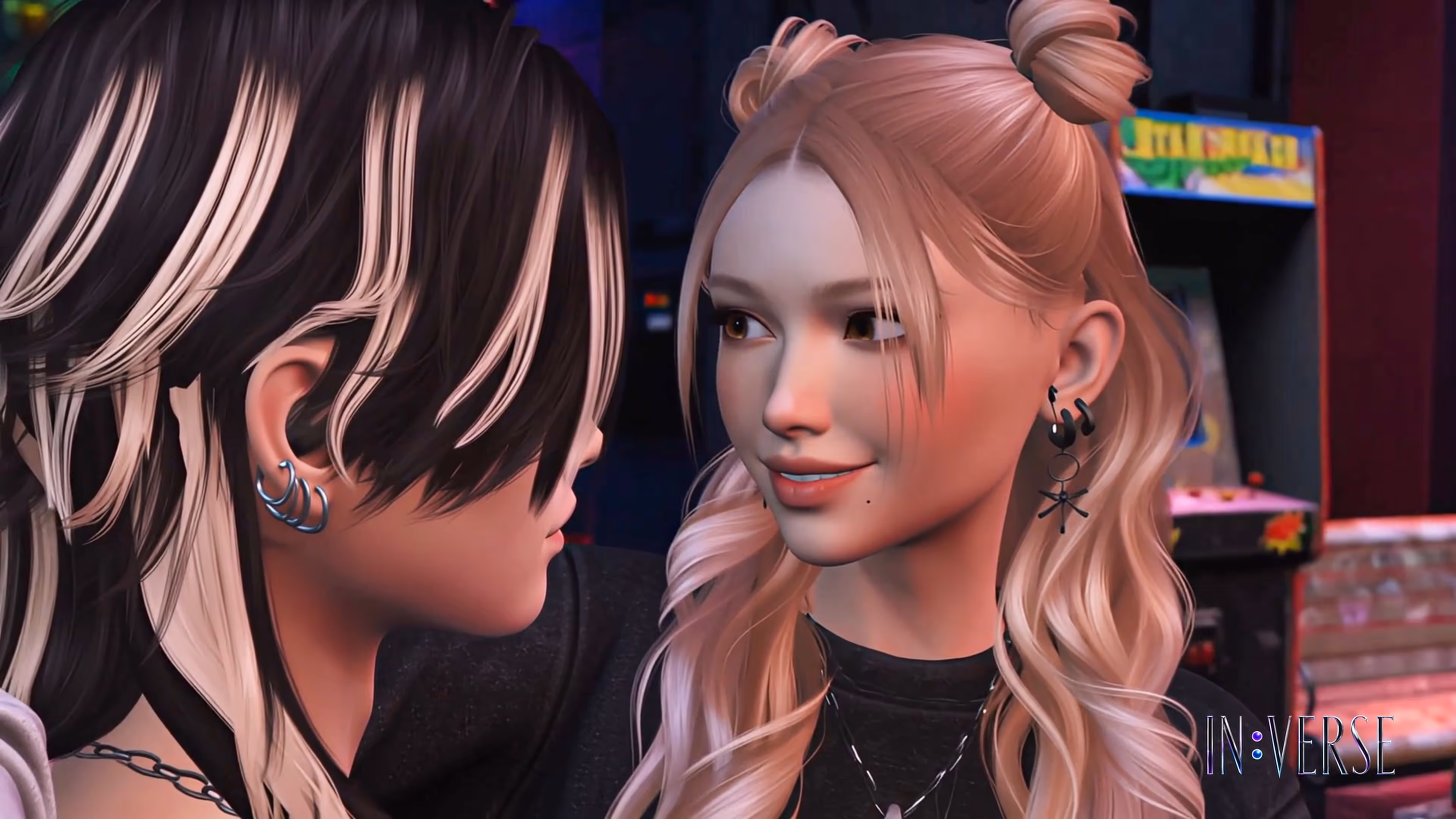 Cinematic close-up of Vexx and Niely sharing a personal moment