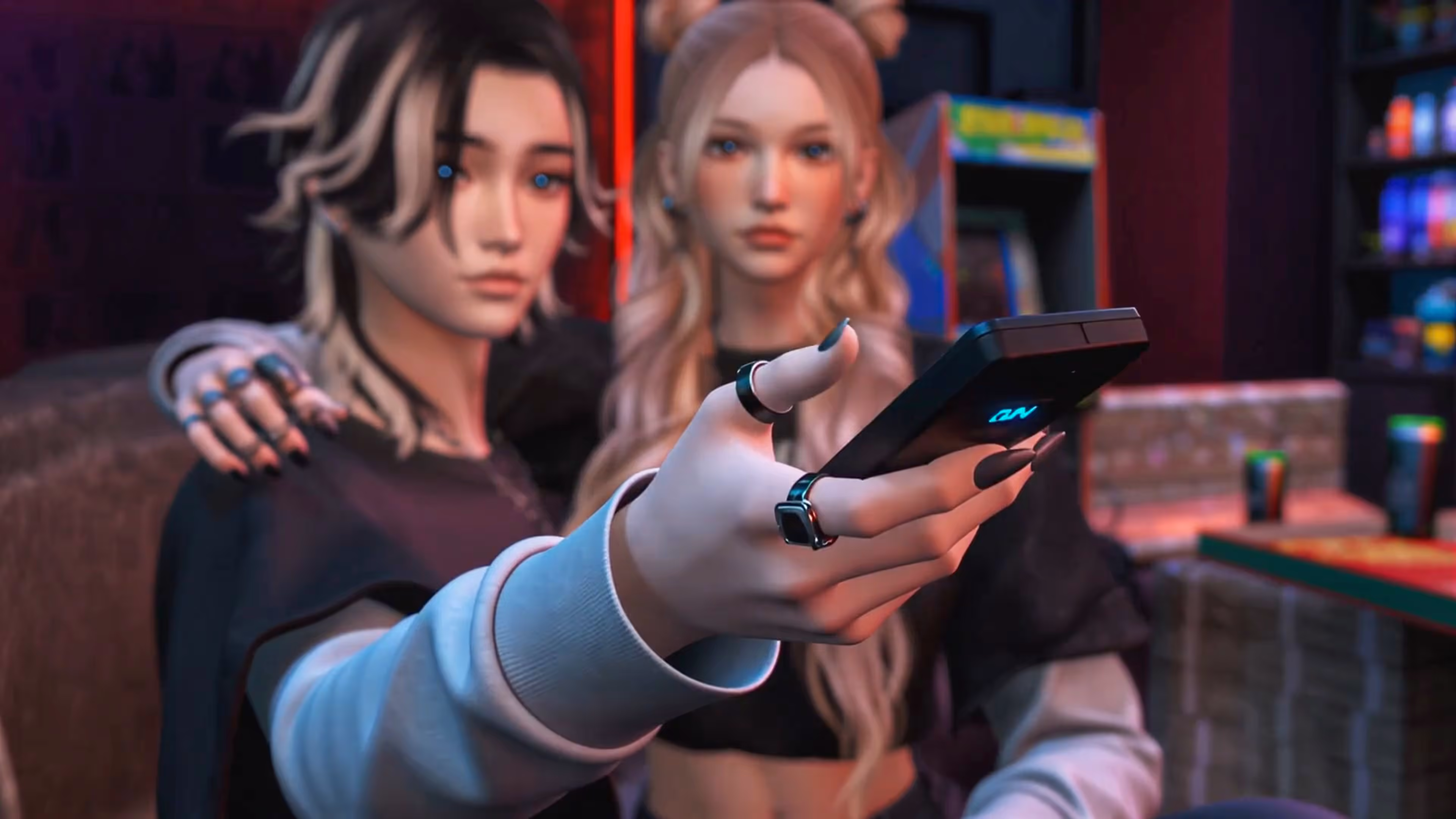 Narrative moment showing the virtual characters interacting with a phone