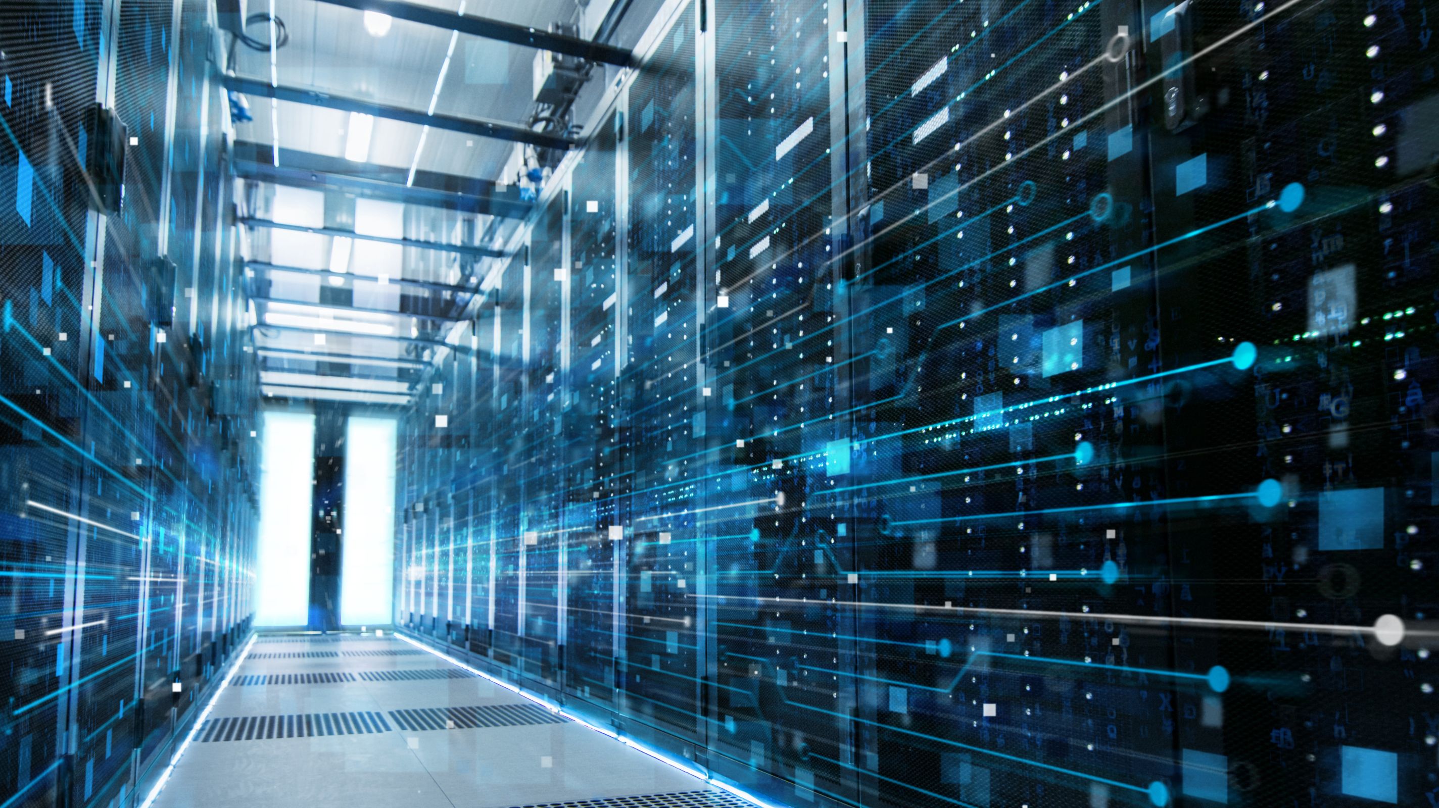 Corridor of a data center with server racks and digital blue data stream overlays.