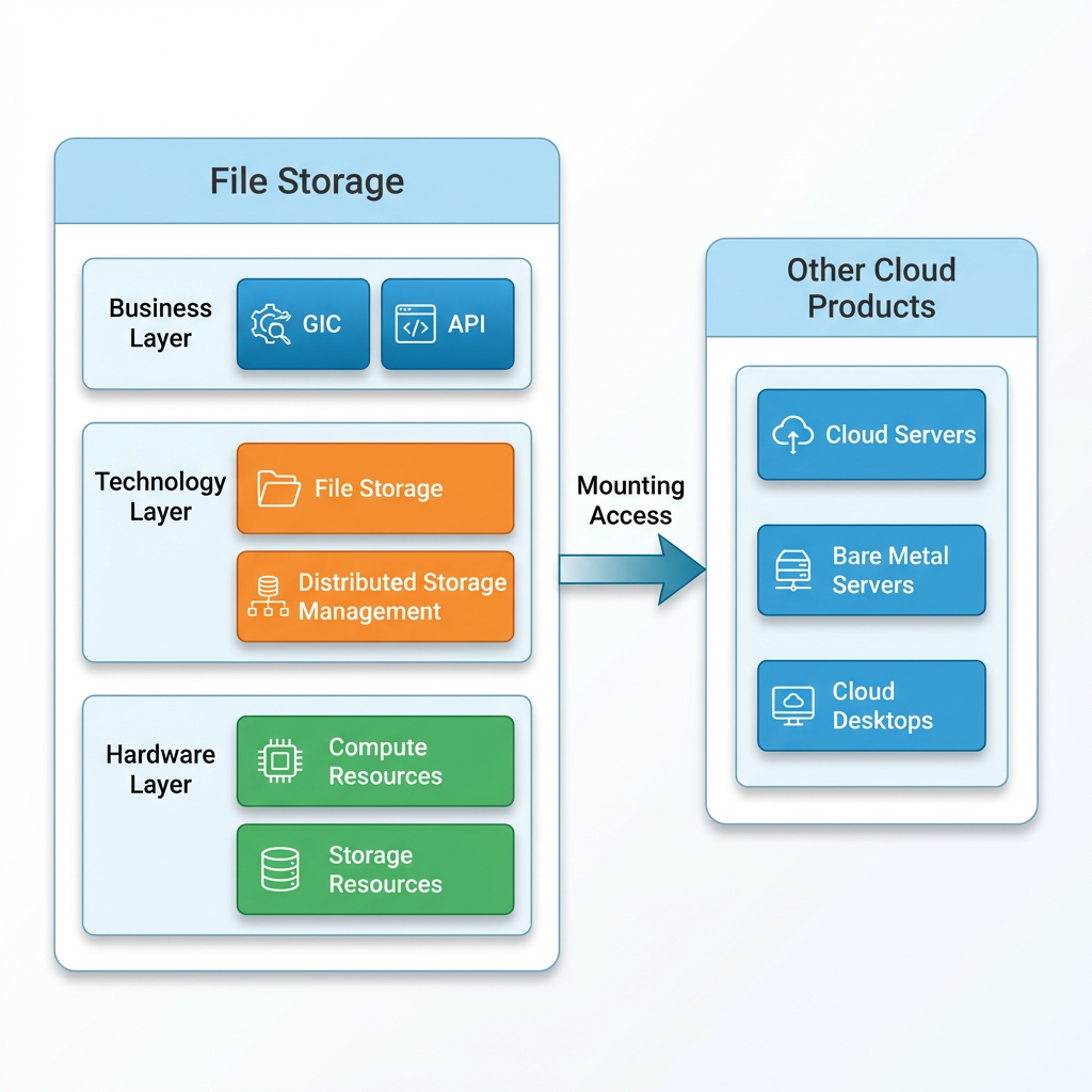Diagram of File Storage architecture divided into Business, Technology, and Hardware layers with mounting access to Other Cloud Products including Cloud Servers, Bare Metal Servers, and Cloud Desktops.