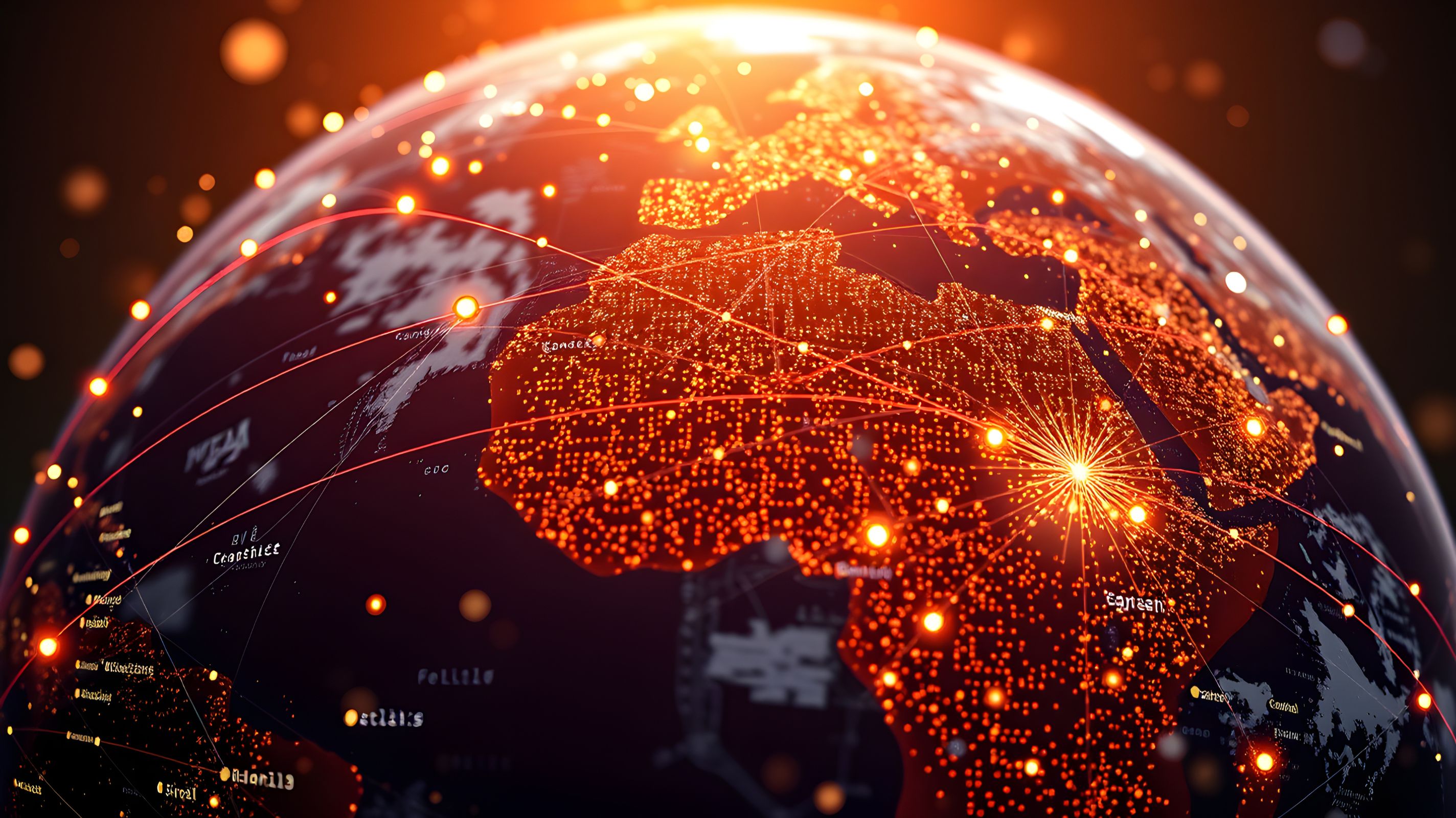 Digital glowing network connections over a map focused on Africa and Europe on a dark globe.