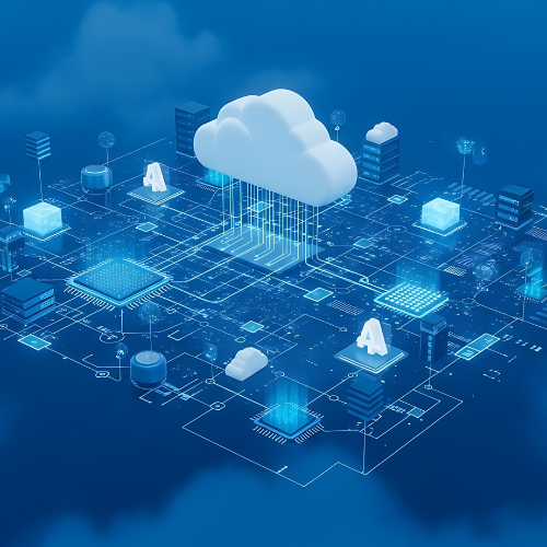 3D illustration of a cloud computing network with a central cloud icon connected to various servers and data nodes on a blue digital circuit background.