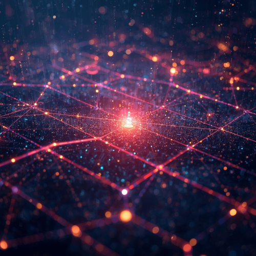 Glowing network grid with interconnected nodes and a bright central point emitting light in a dark digital landscape.