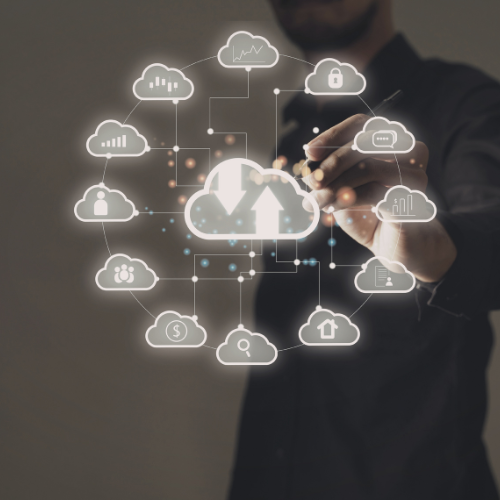 Person in black shirt interacting with a virtual cloud network interface displaying icons for data upload/download, security, analytics, search, and communication.