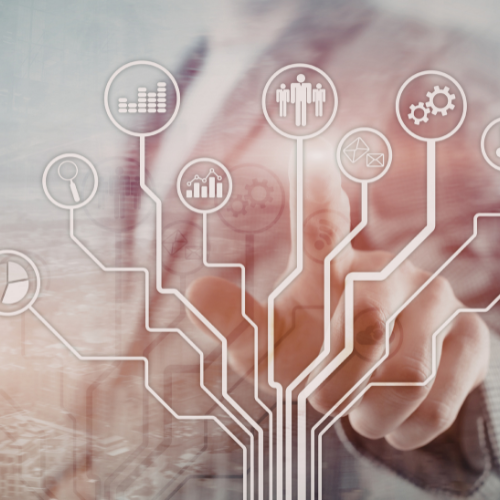 Hand interacting with digital interface showing connected technology and data icons including graphs, gears, people, and email symbols.