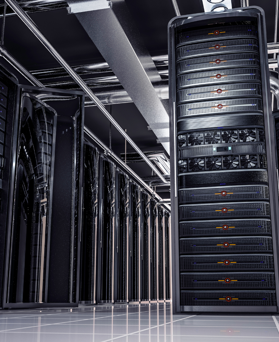 Row of black server racks with cooling fans and LED lights in a modern data center.