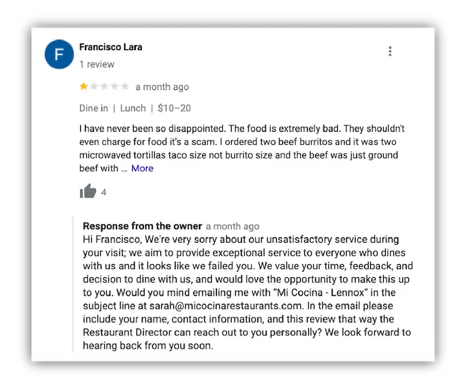 how to respond to google reviews - example of review response