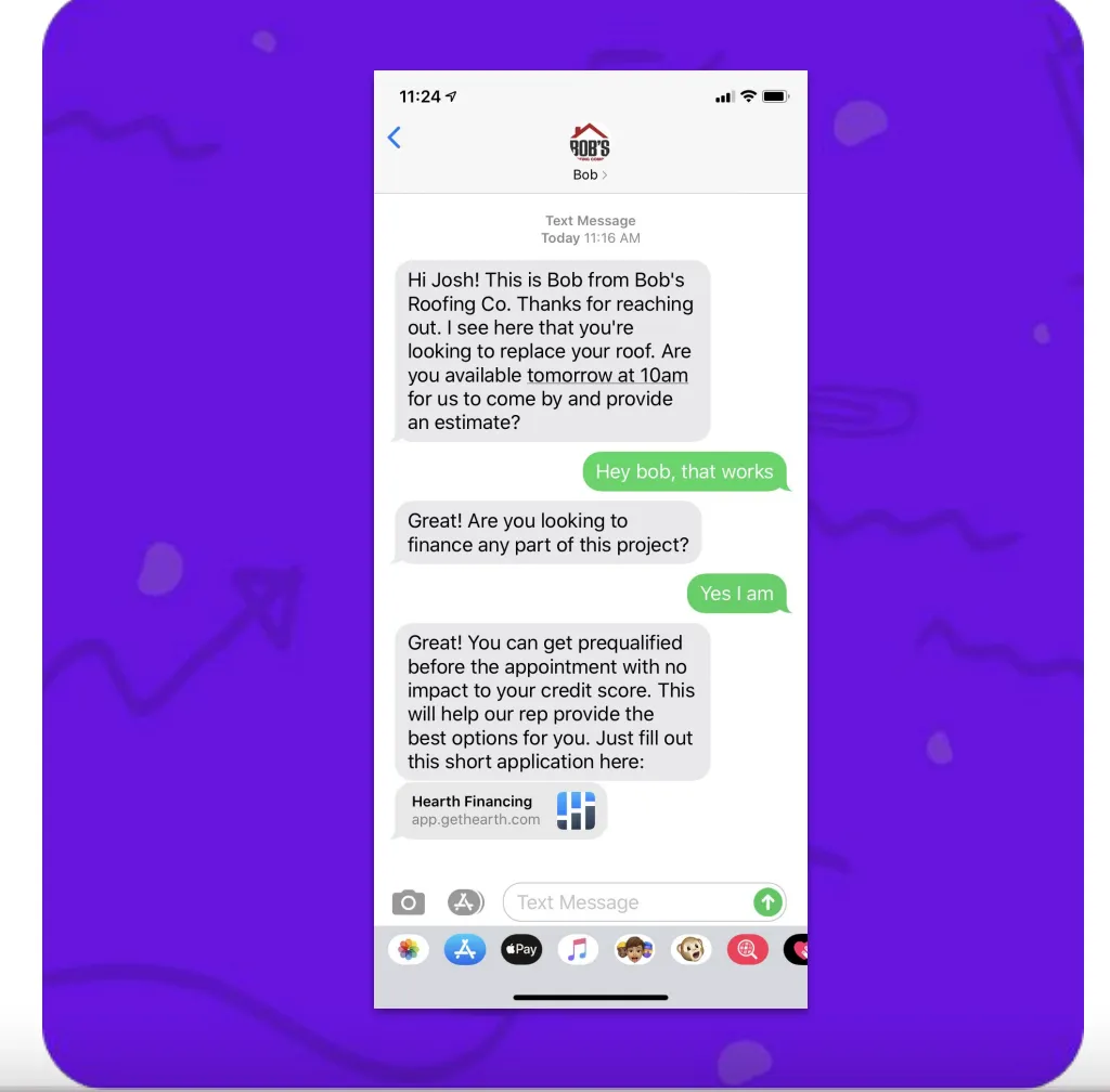 Text message including a link for financing options