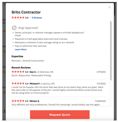 how to generate leads to your home improvement business - angi listing example