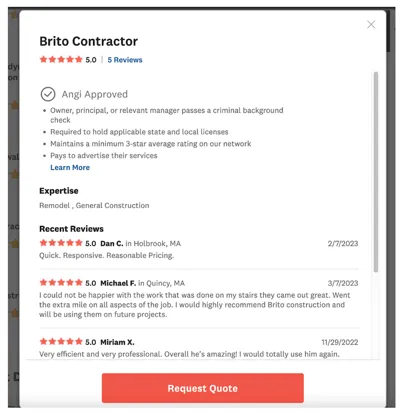 how to generate leads to your home improvement business - angi listing example