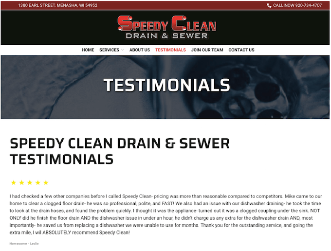 plumbing marketing ideas - website testimonials