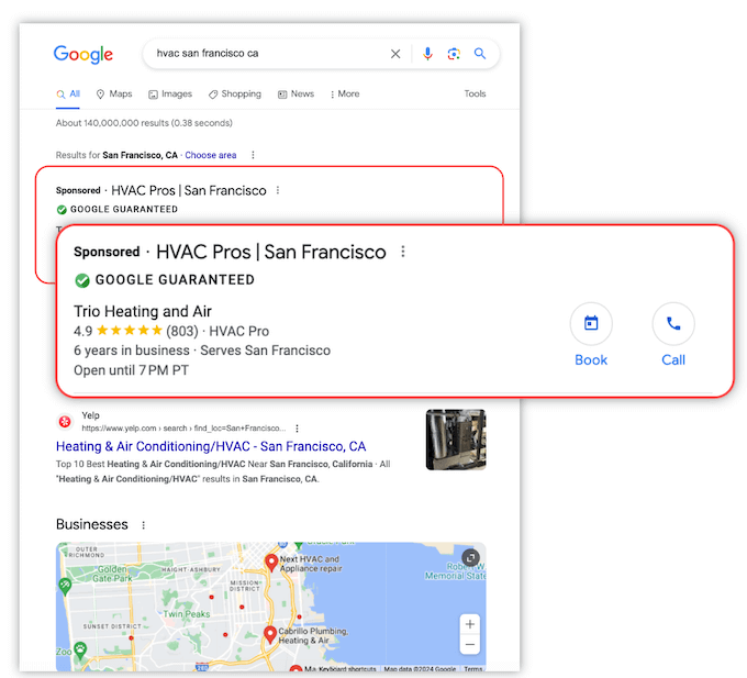 example of a guaranteed ad shown as the first result