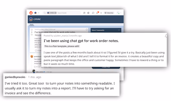 how to use chatgpt for home improvement businesses - reddit post on using it for work order notes