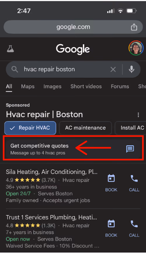 google lsa "get competitive quotes" option